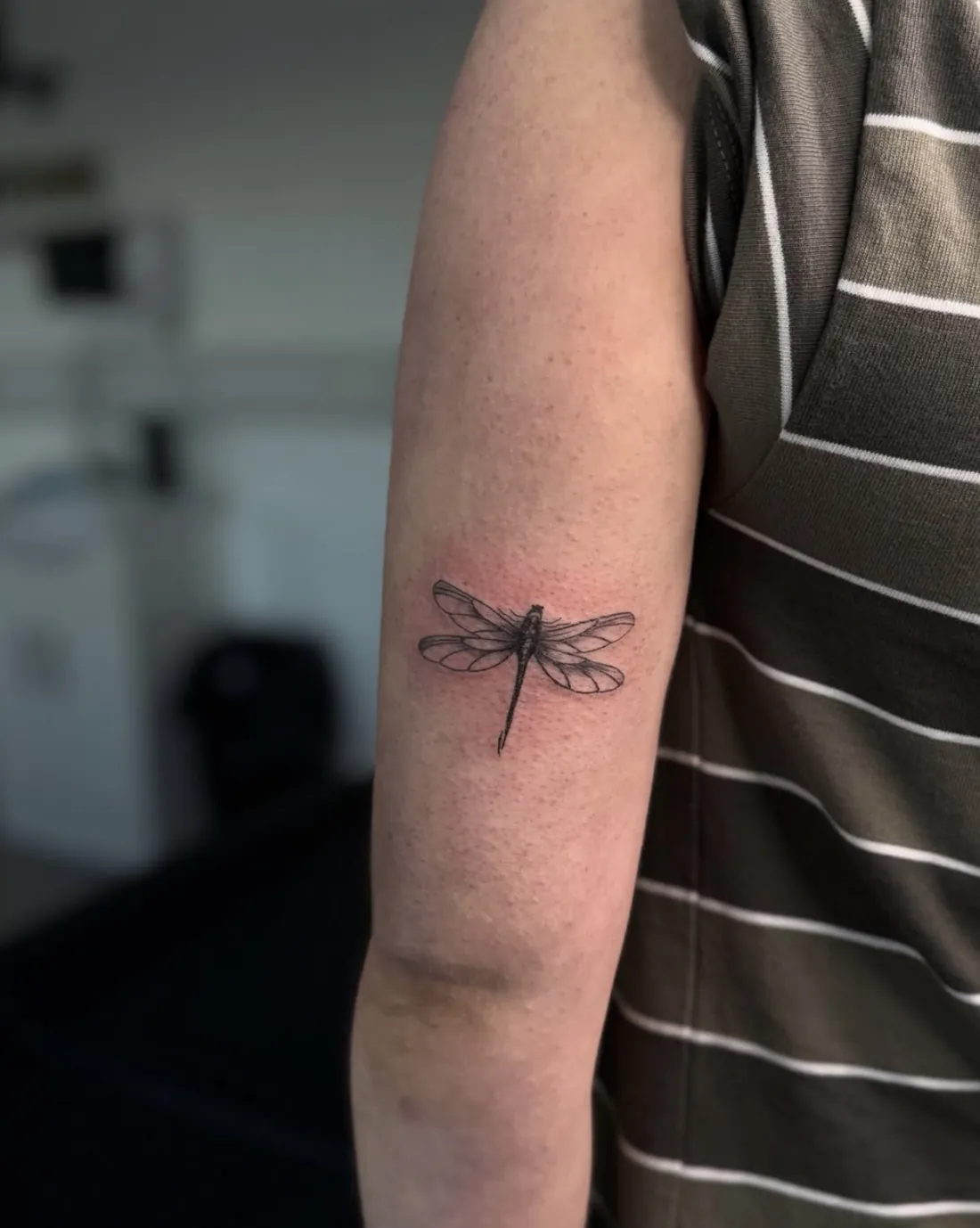 Small fine line dragonfly with shaded wings on the back of the arm